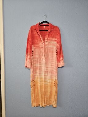 Women's Long Sleeve Lenin Ombre Tie-Dye Maxi Dress - Coral to Peach